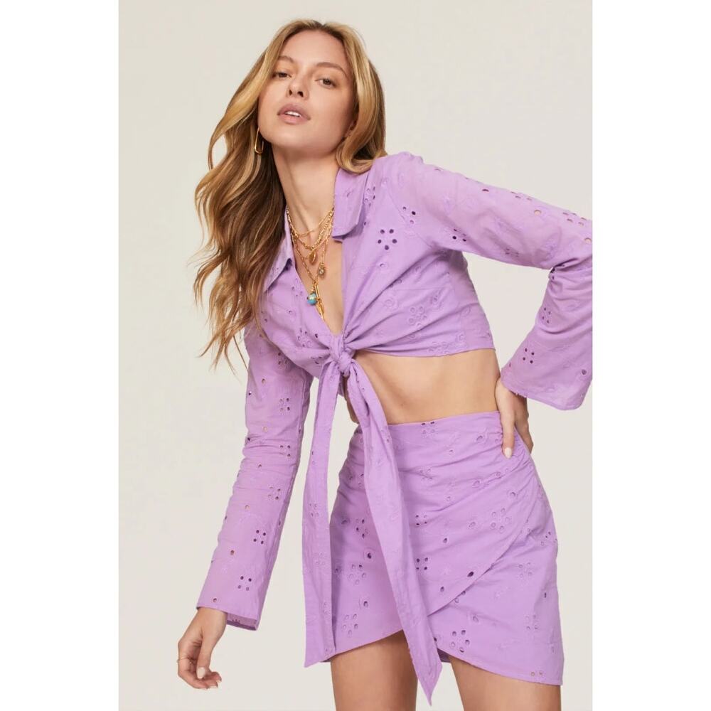 Ashley Park x RTR Purple Eyelet Top Collared Plunged Tie Waist Cropped Sze 6